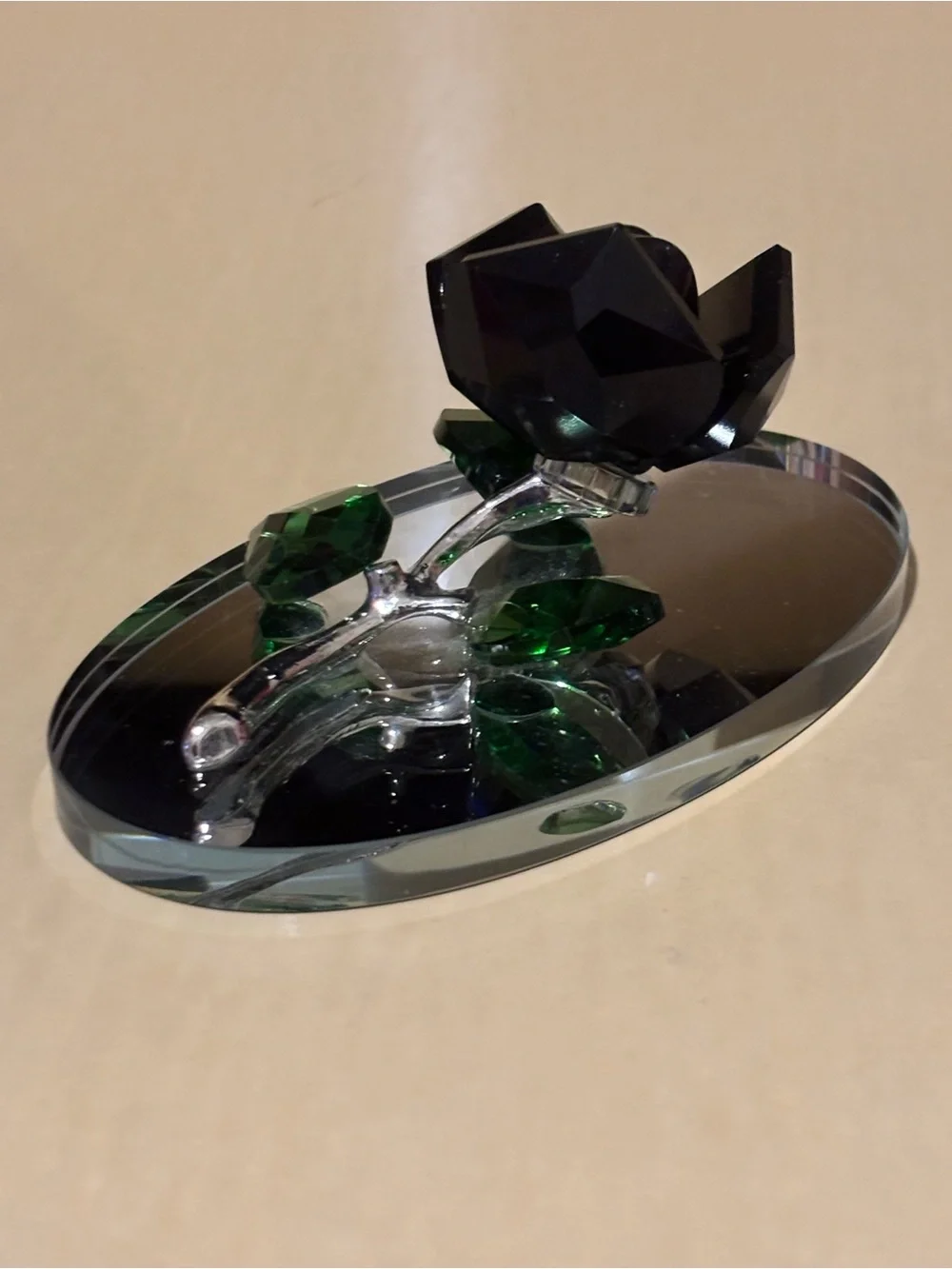 Decorative Glass Black Rose Figurine on a Mirror Base